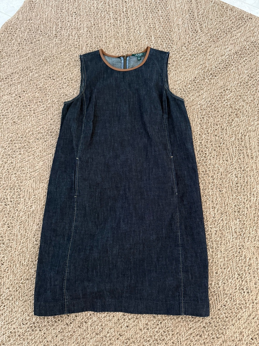 Sleeveless Dark Denim Shift Dress with Brown Leather Trim